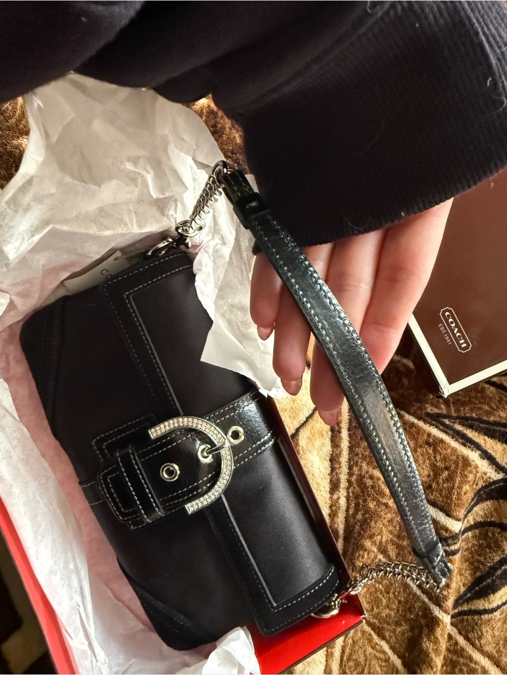 Coach Black Shoulder Bag with Silver Buckle & Chain Strap - Picture 3 of 6